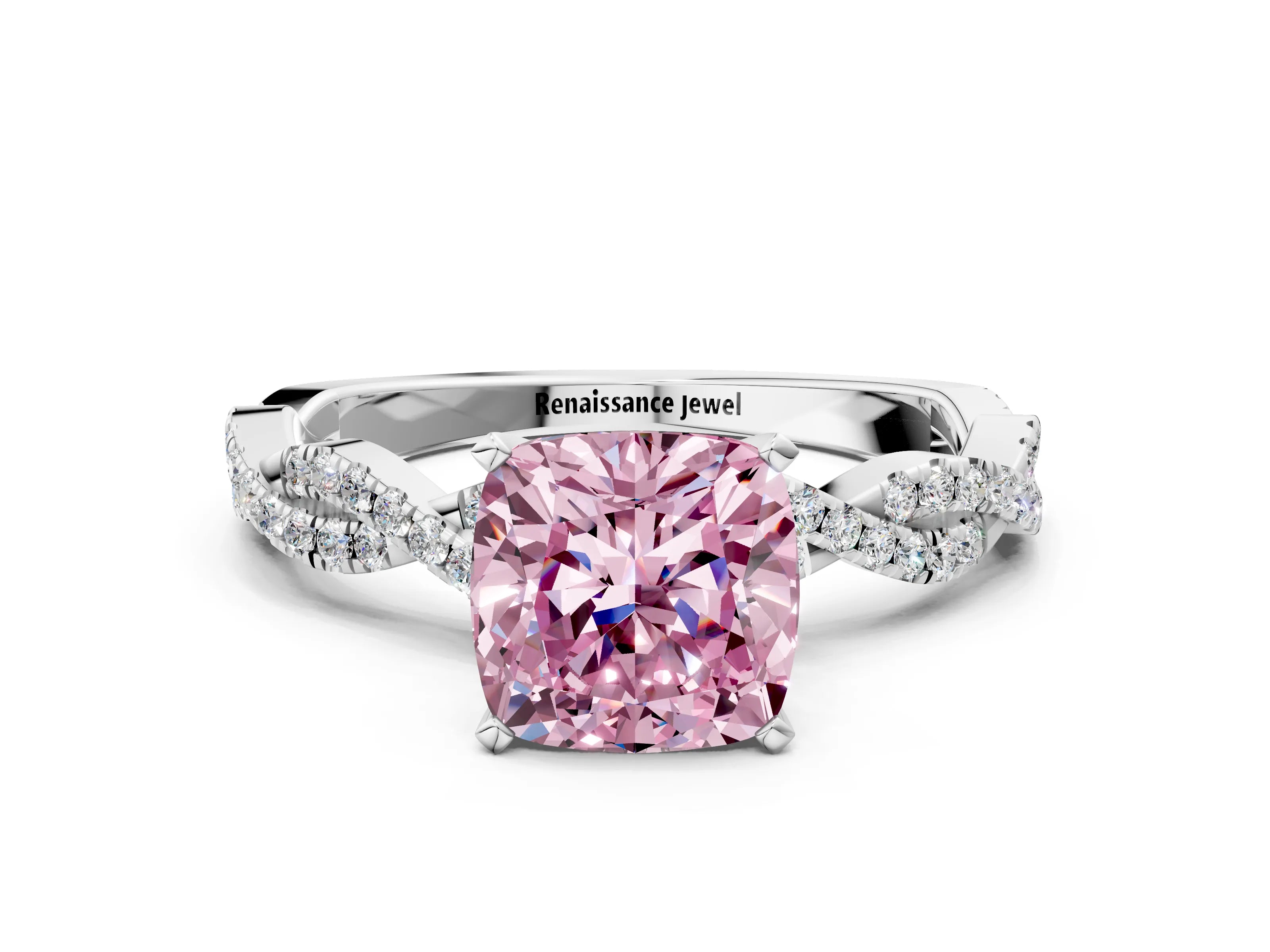 White gold Fancy Pink Cushion Cut Solitaire Twisted Pave Band with Four-Prong Setting_3