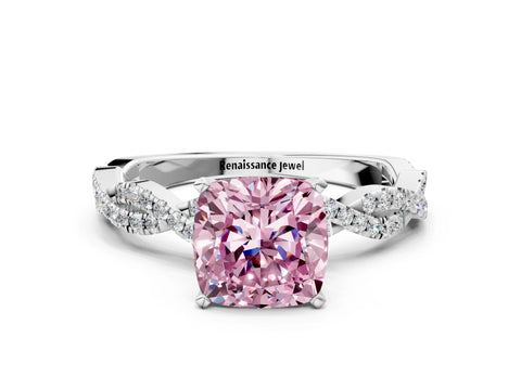 White gold Fancy Pink Cushion Cut Solitaire Twisted Pave Band with Four-Prong Setting_3