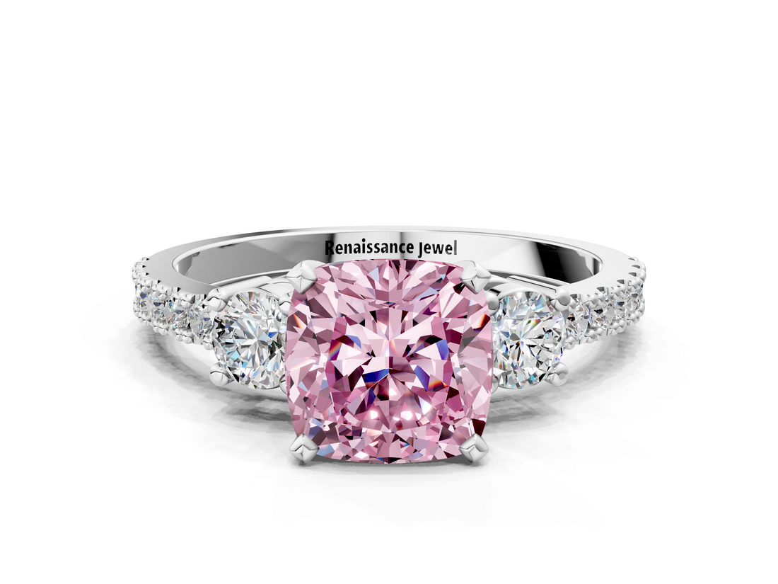 White gold Fancy Pink Cushion  Cut Three-Stone Diamond Pavé Band with Prong Setting_16