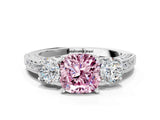 White gold Fancy Pink Cushion Cut Three-Stone Diamond Ring with Pavé Band and Four-Prong Setting_12