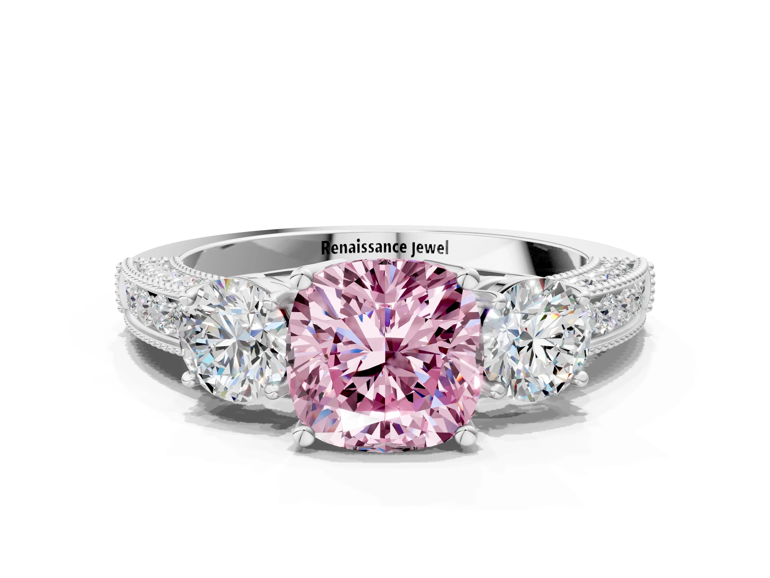 White gold Fancy Pink Cushion Cut Three-Stone Diamond Ring with Pavé Band and Four-Prong Setting_12