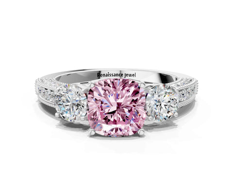 White gold Fancy Pink Cushion Cut Three-Stone Diamond Ring with Pavé Band and Four-Prong Setting_12