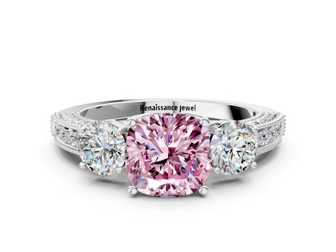 White gold Fancy Pink Cushion Cut Three-Stone Diamond Ring with Pavé Band and Four-Prong Setting