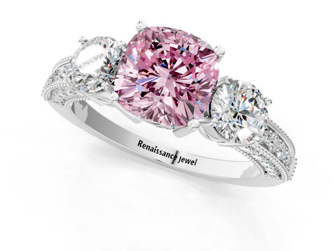 White gold Fancy Pink Cushion Cut Three-Stone Diamond Ring with Pavé Band and Four-Prong Setting_13