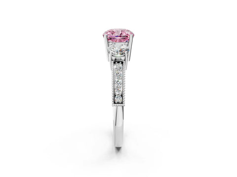 White gold Fancy Pink Cushion Cut Three-Stone Diamond Ring with Pavé Band and Four-Prong Setting_14