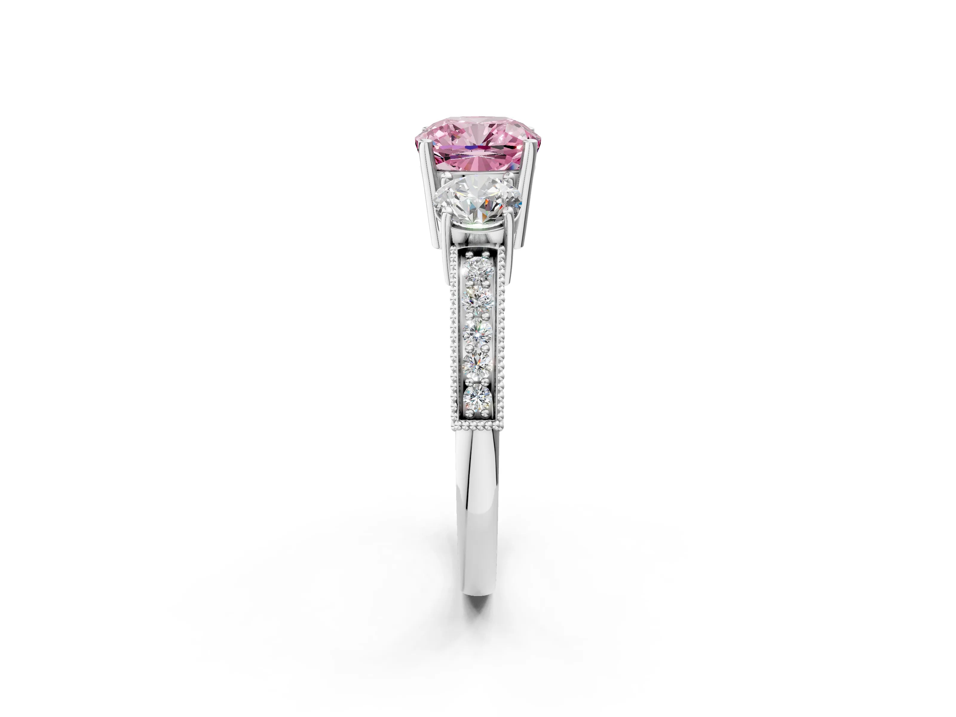 White gold Fancy Pink Cushion Cut Three-Stone Diamond Ring with Pavé Band and Four-Prong Setting_14