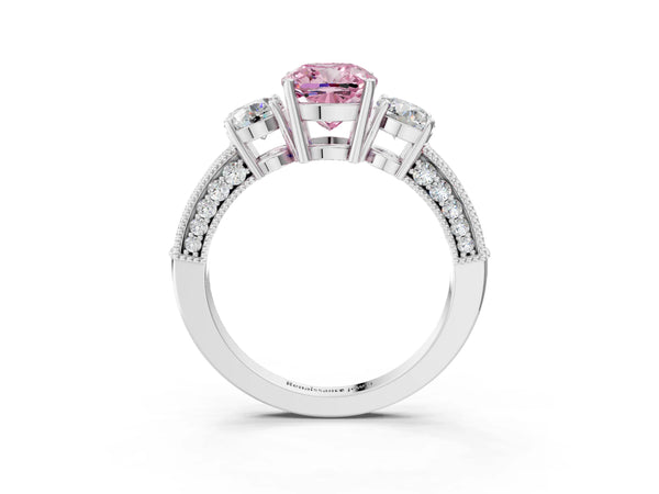 Platinum Fancy Pink Cushion Cut Three-Stone Diamond Ring with Pavé Band and Four-Prong Setting