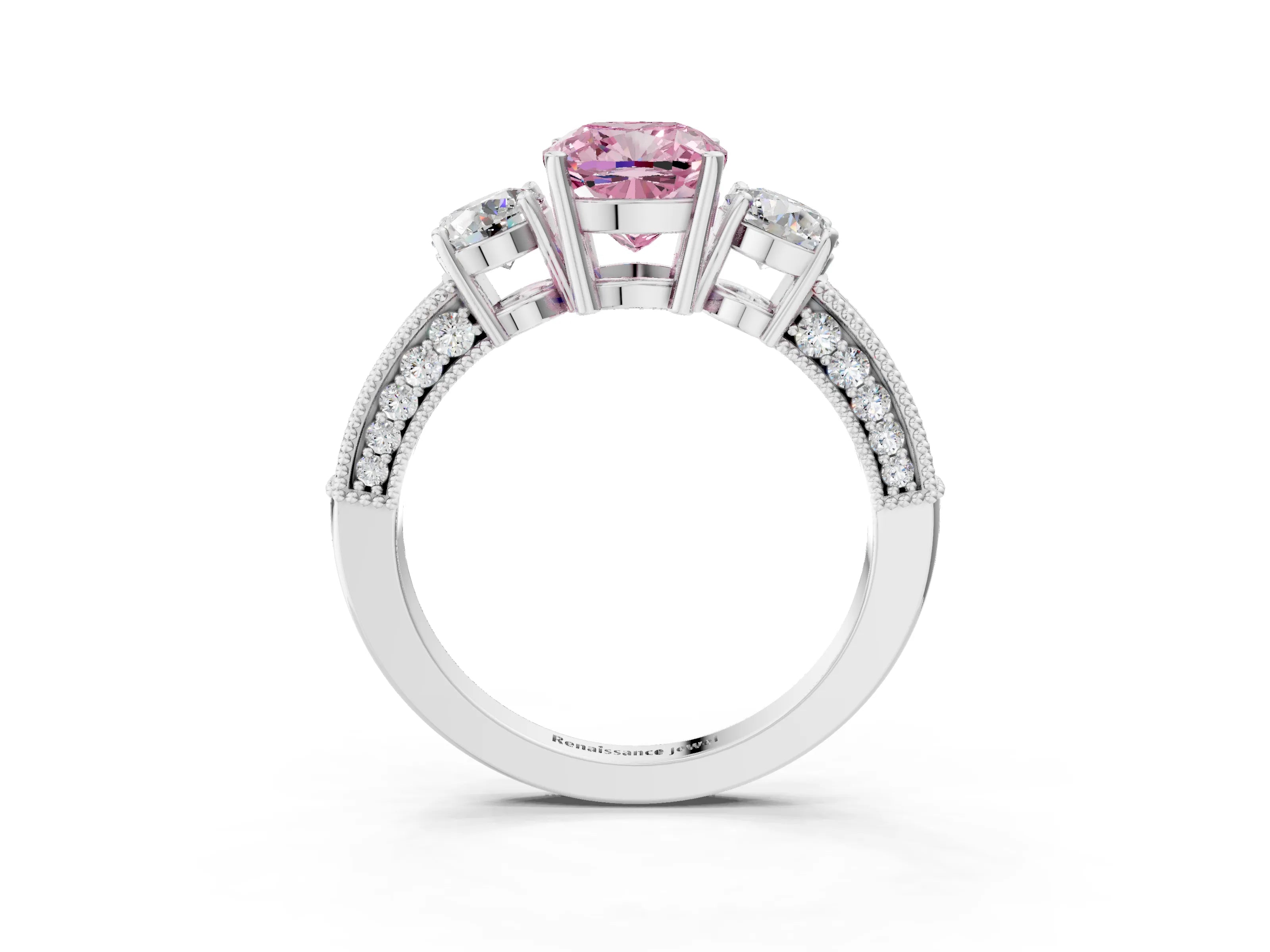 White gold Fancy Pink Cushion Cut Three-Stone Diamond Ring with Pavé Band and Four-Prong Setting_15
