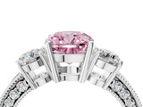 White gold Fancy Pink Cushion Cut Three-Stone Diamond Ring with Pavé Band and Four-Prong Setting_16
