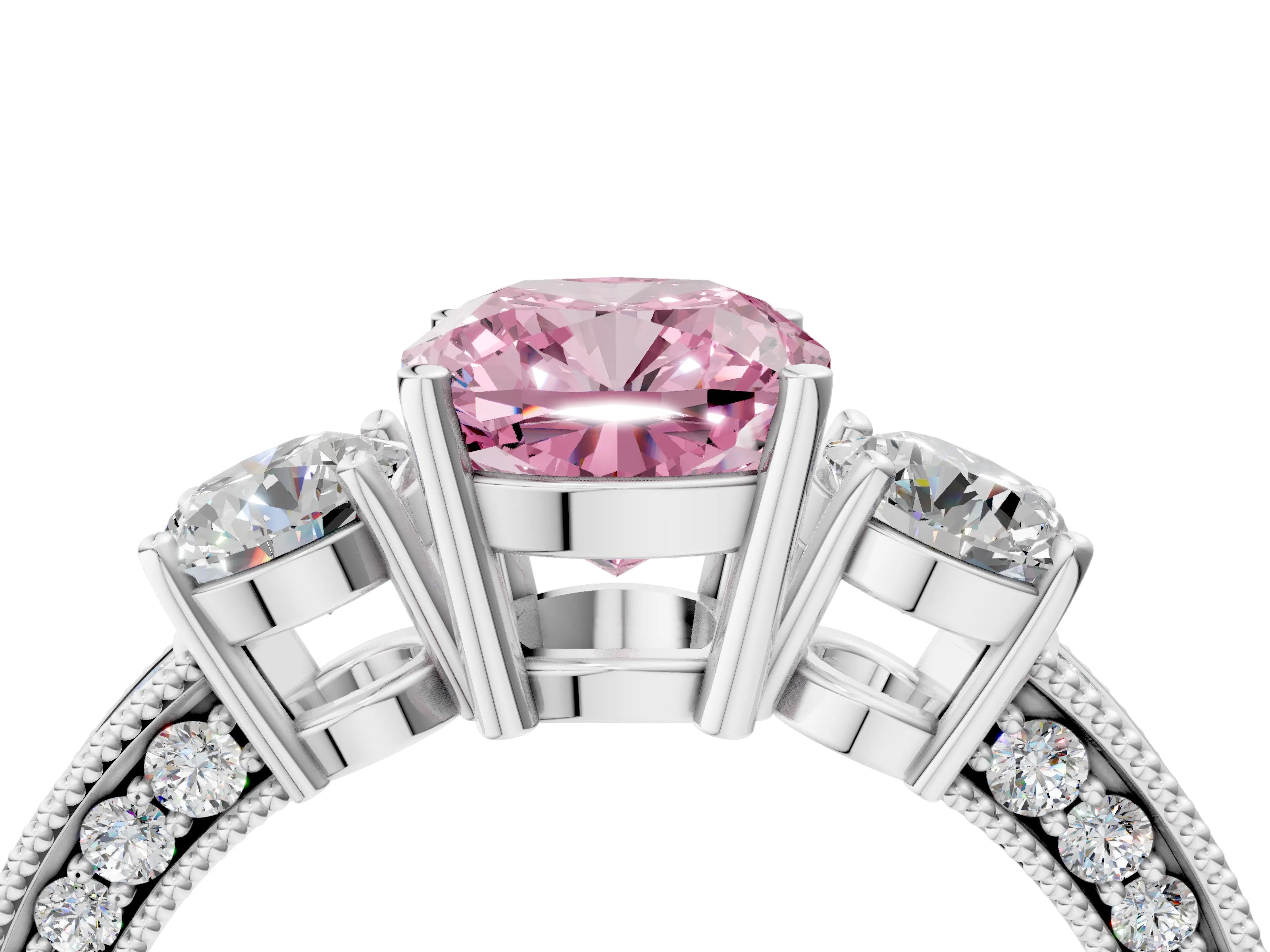 White gold Fancy Pink Cushion Cut Three-Stone Diamond Ring with Pavé Band and Four-Prong Setting_16
