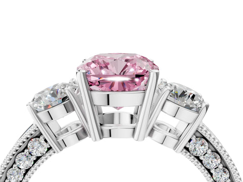 White gold Fancy Pink Cushion Cut Three-Stone Diamond Ring with Pavé Band and Four-Prong Setting_16