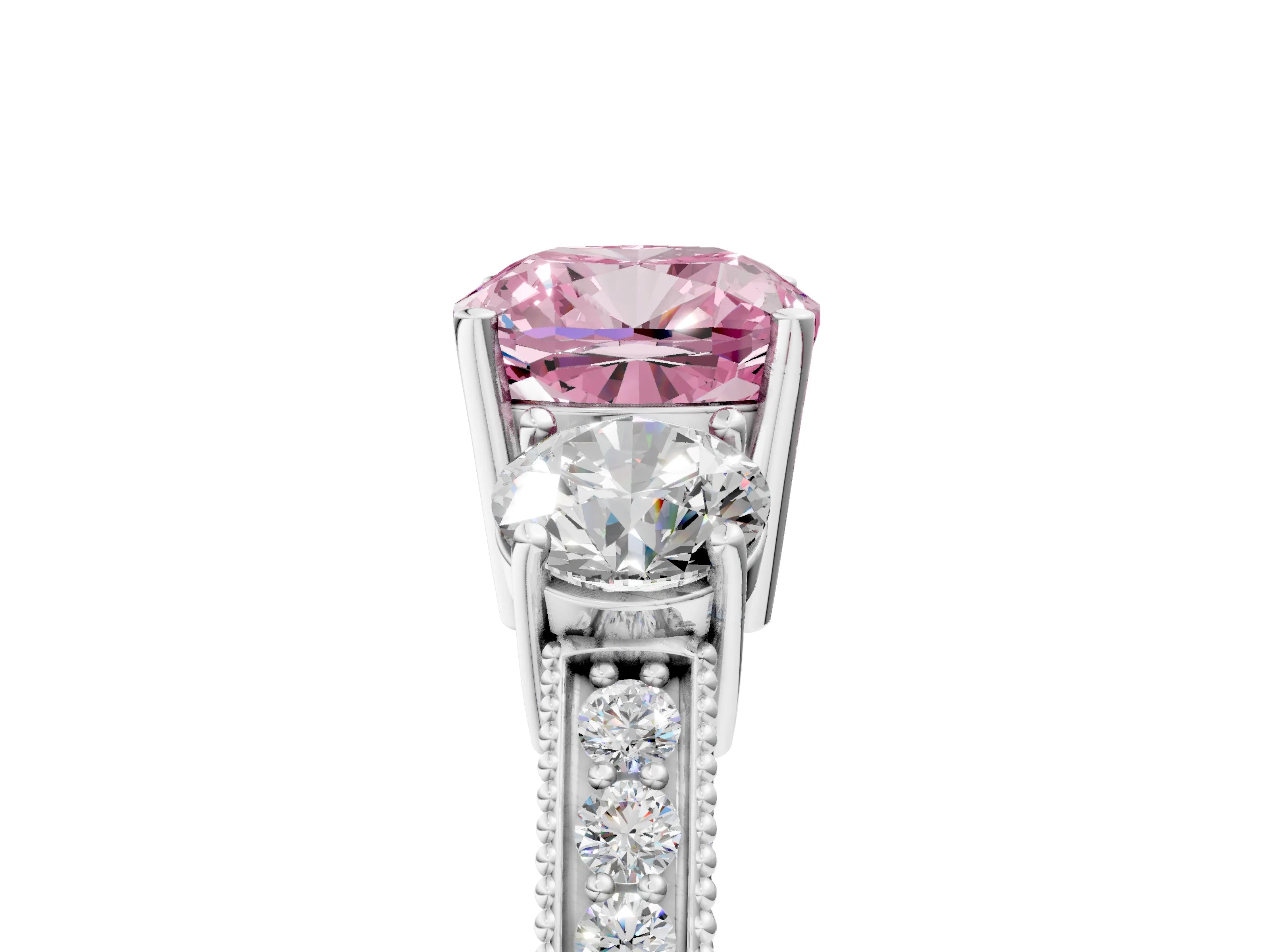 White gold Fancy Pink Cushion Cut Three-Stone Diamond Ring with Pavé Band and Four-Prong Setting_17