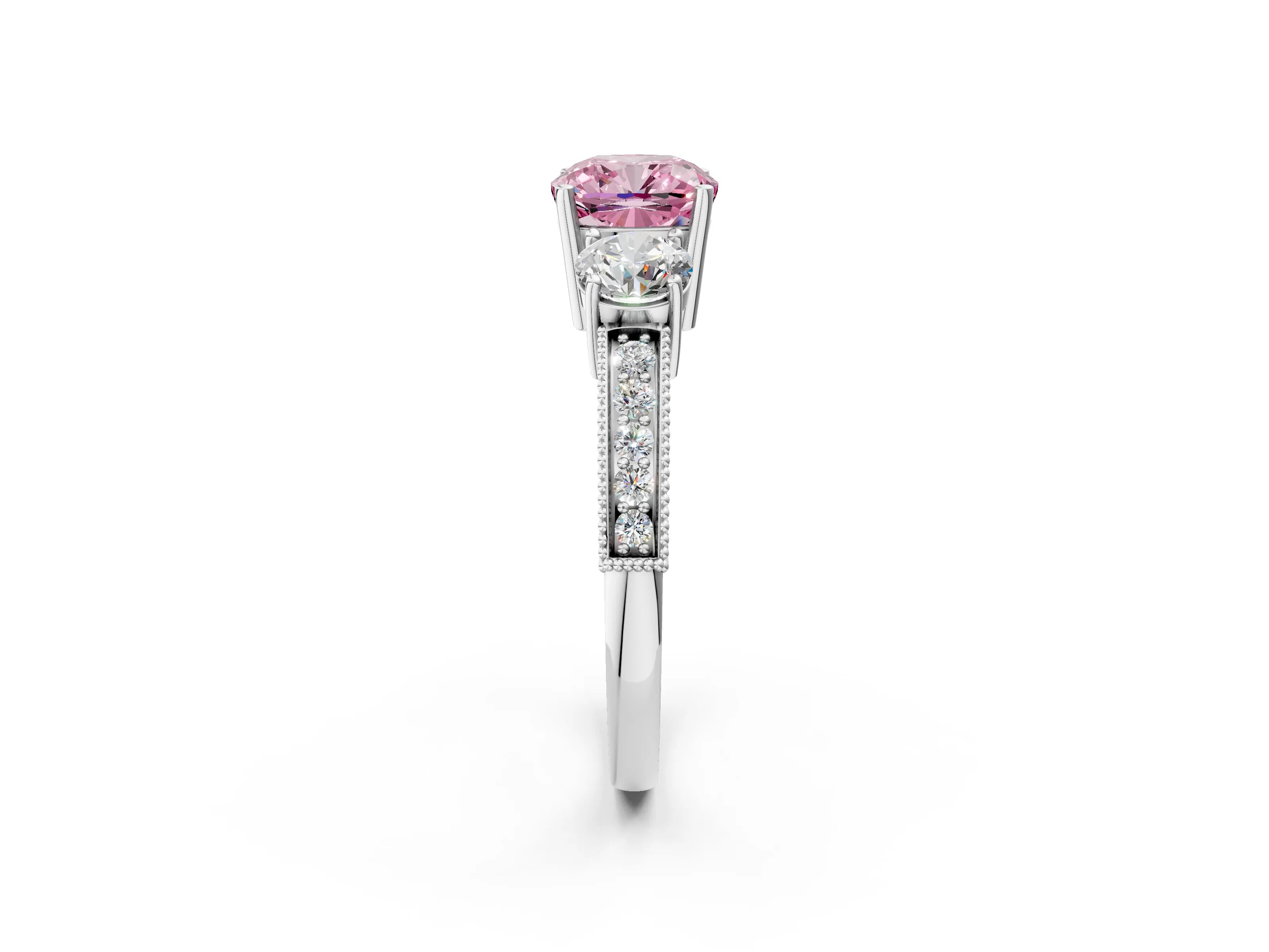White gold Fancy Pink Cushion Cut Three-Stone Diamond Ring with Pavé Band and Four-Prong Setting_2