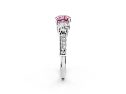 White gold Fancy Pink Cushion Cut Three-Stone Diamond Ring with Pavé Band and Four-Prong Setting_2