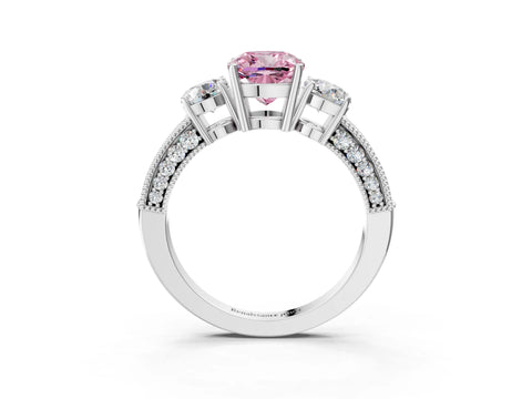 White gold Fancy Pink Cushion Cut Three-Stone Diamond Ring with Pavé Band and Four-Prong Setting_3