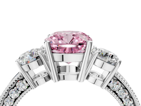 White gold Fancy Pink Cushion Cut Three-Stone Diamond Ring with Pavé Band and Four-Prong Setting_4