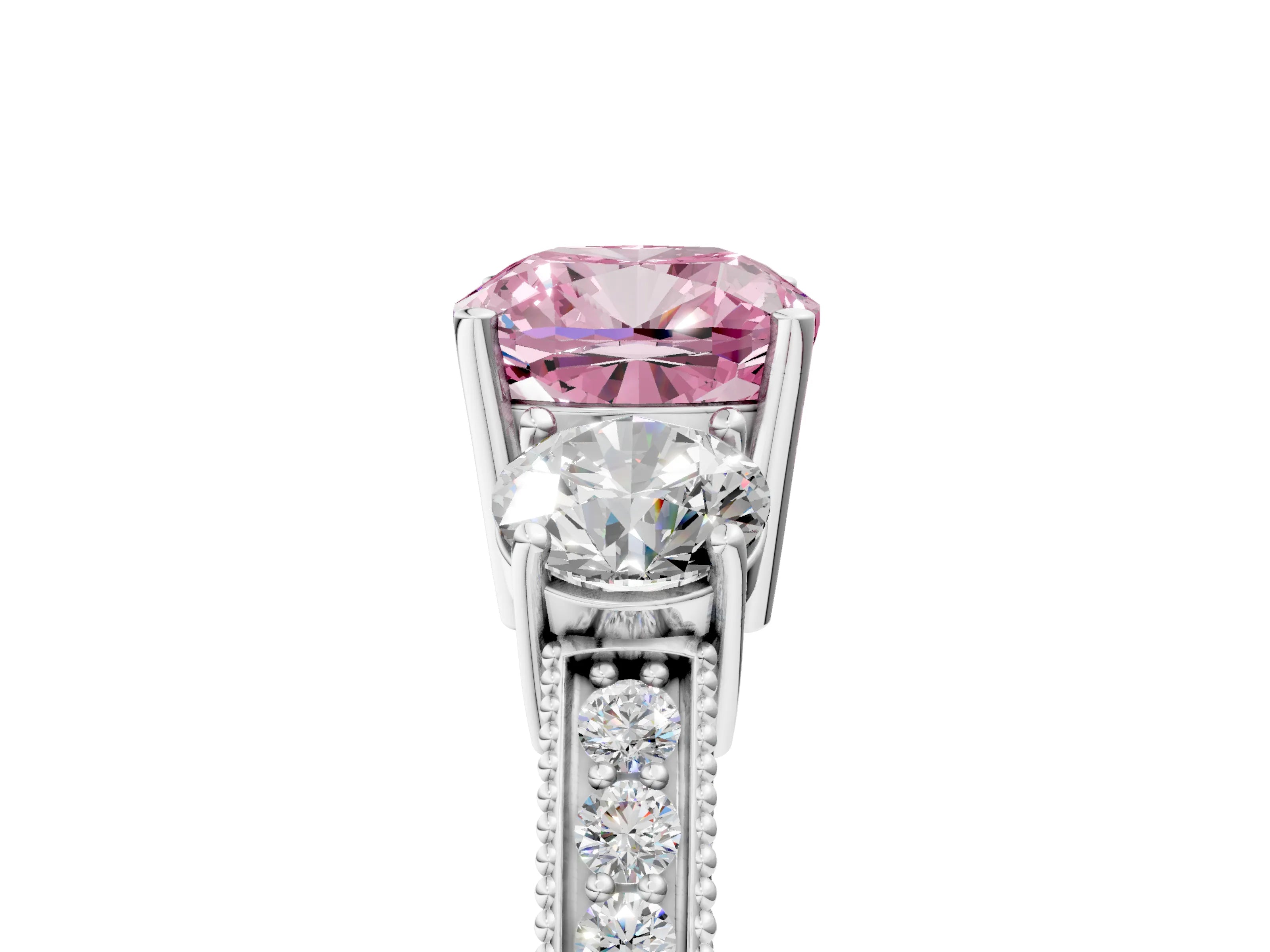 White gold Fancy Pink Cushion Cut Three-Stone Diamond Ring with Pavé Band and Four-Prong Setting_5
