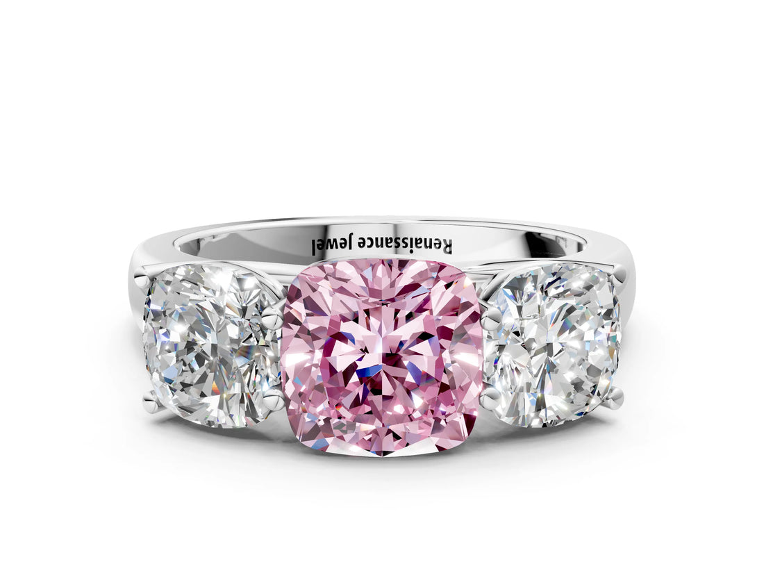 White gold Fancy Pink Cushion Cut Three-Stone Diamond Ring with Prong Setting on a Classic Band_12
