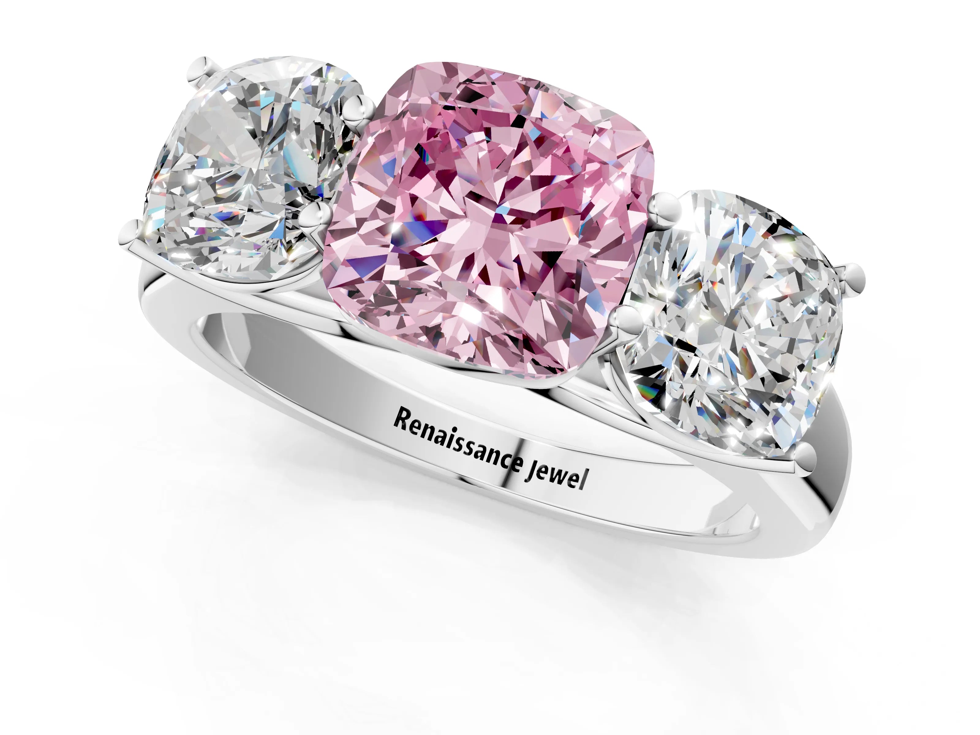 White gold Fancy Pink Cushion Cut Three-Stone Diamond Ring with Prong Setting on a Classic Band_1