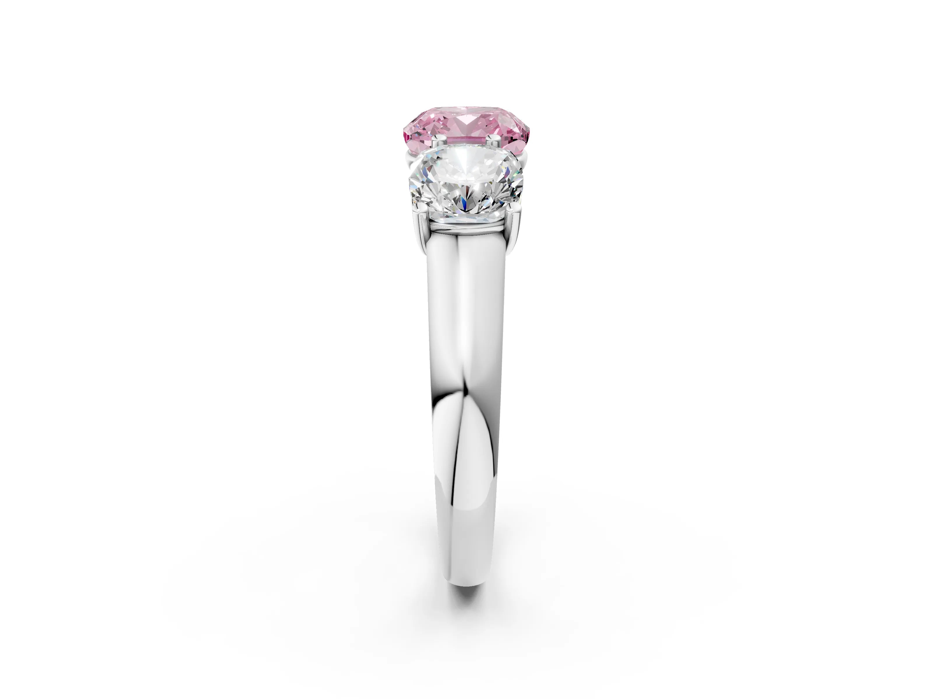 White gold Fancy Pink Cushion Cut Three-Stone Diamond Ring with Prong Setting on a Classic Band_2