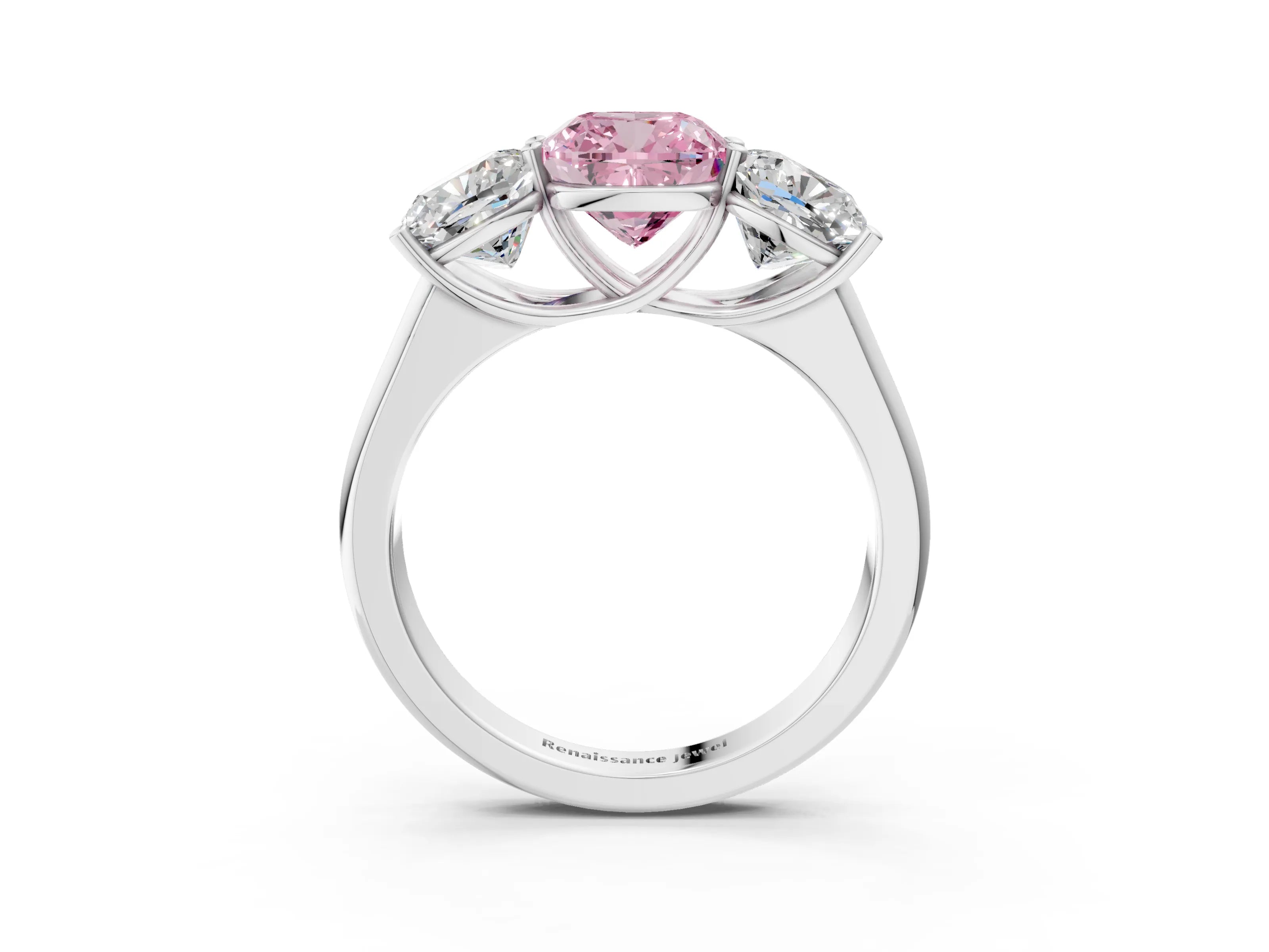 White gold Fancy Pink Cushion Cut Three-Stone Diamond Ring with Prong Setting on a Classic Band_3