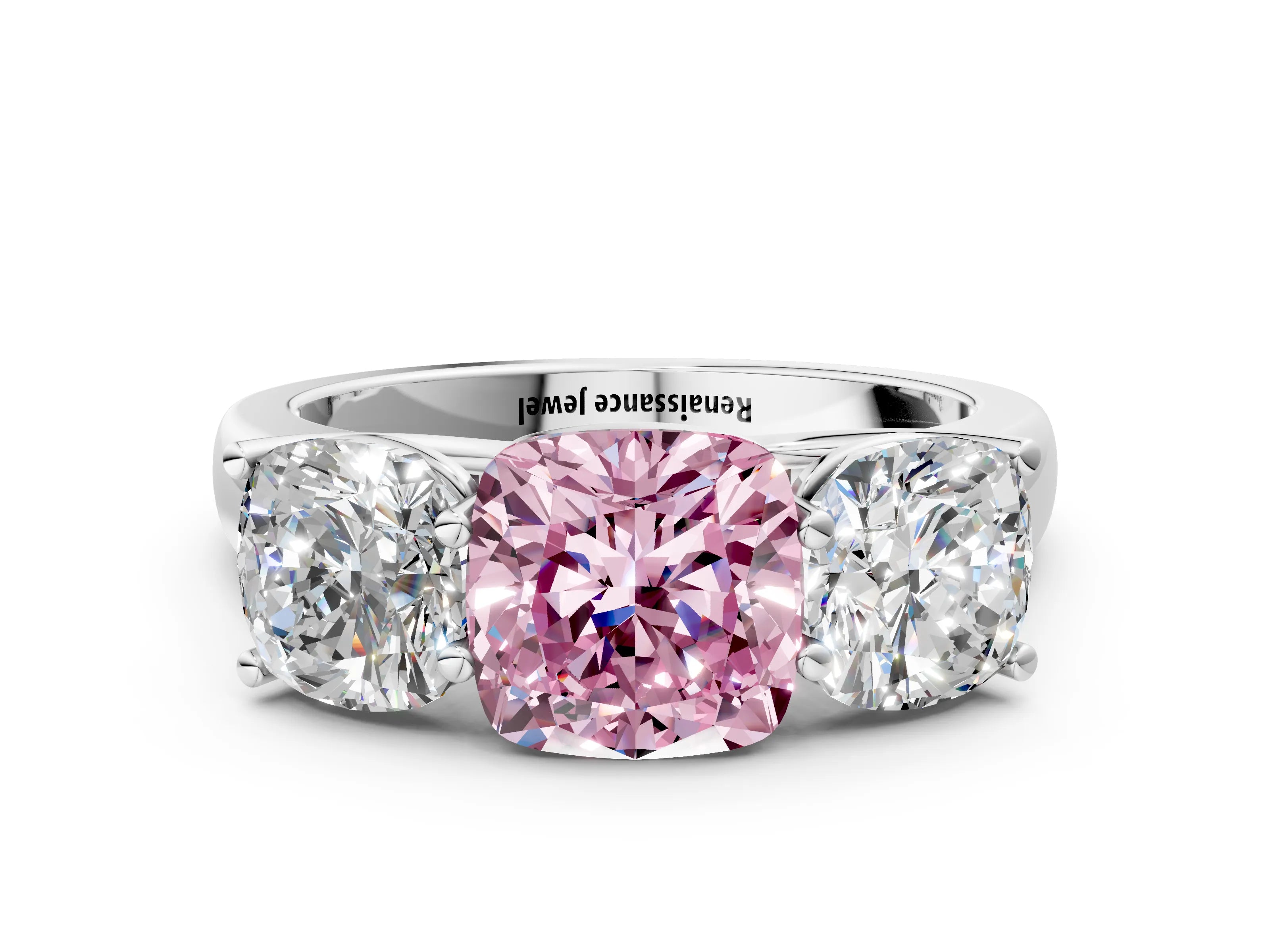 White gold Fancy Pink Cushion Cut Three-Stone Diamond Ring with Prong Setting on a Classic Band