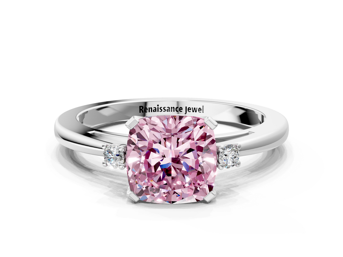 White gold Fancy Pink Cushion  Cut Three-Stone Solitaire Ring with Round Accent Diamonds and Four-Prong Setting_20
