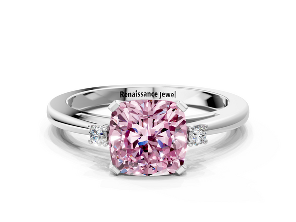 White gold Fancy Pink Cushion  Cut Three-Stone Solitaire Ring with Round Accent Diamonds and Four-Prong Setting
