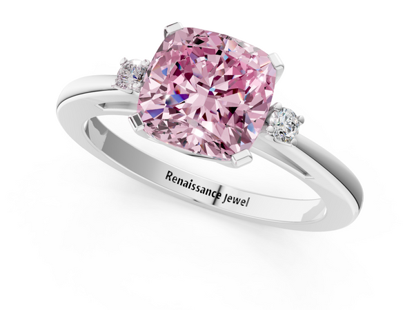 White gold Fancy Pink Cushion  Cut Three-Stone Solitaire Ring with Round Accent Diamonds and Four-Prong Setting