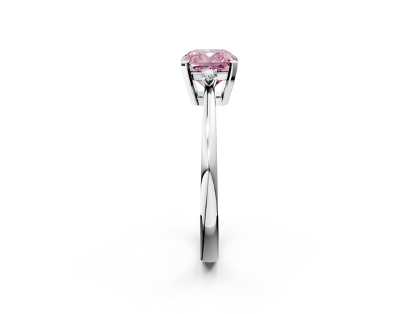 White gold Fancy Pink Cushion  Cut Three-Stone Solitaire Ring with Round Accent Diamonds and Four-Prong Setting