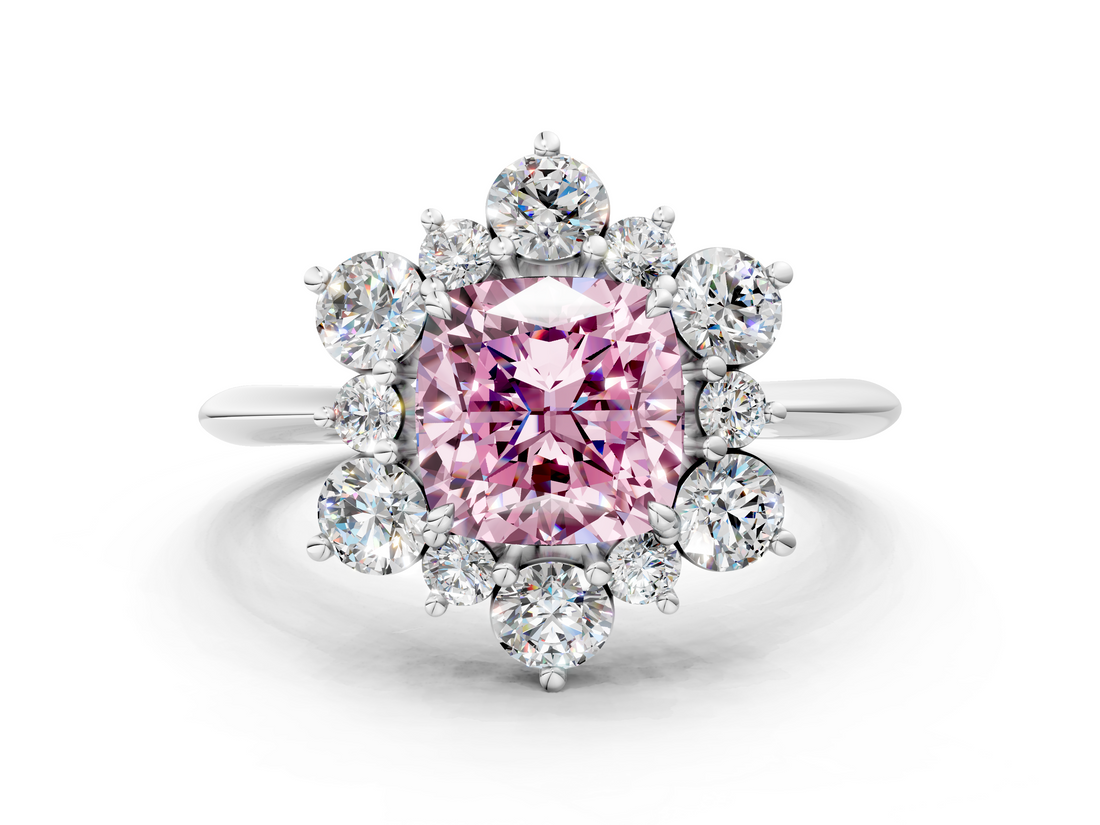 White gold Fancy Pink Cushion  Diamond Cluster Halo Ring with Solitaire Band and Four-Prong Setting_20