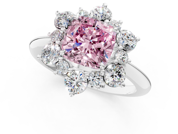 White gold Fancy Pink Cushion  Diamond Cluster Halo Ring with Solitaire Band and Four-Prong Setting