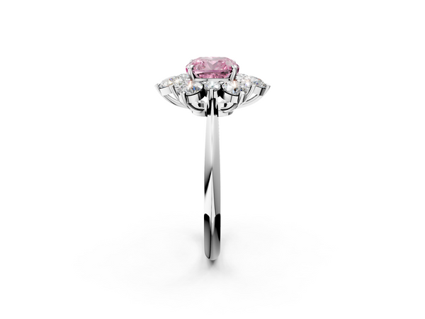 White gold Fancy Pink Cushion  Diamond Cluster Halo Ring with Solitaire Band and Four-Prong Setting