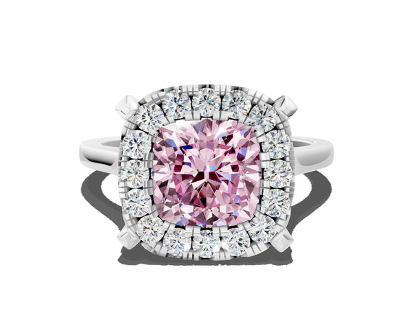 White gold Fancy Pink Cushion  Diamond Cluster Halo Solitaire with Four-Prong Setting