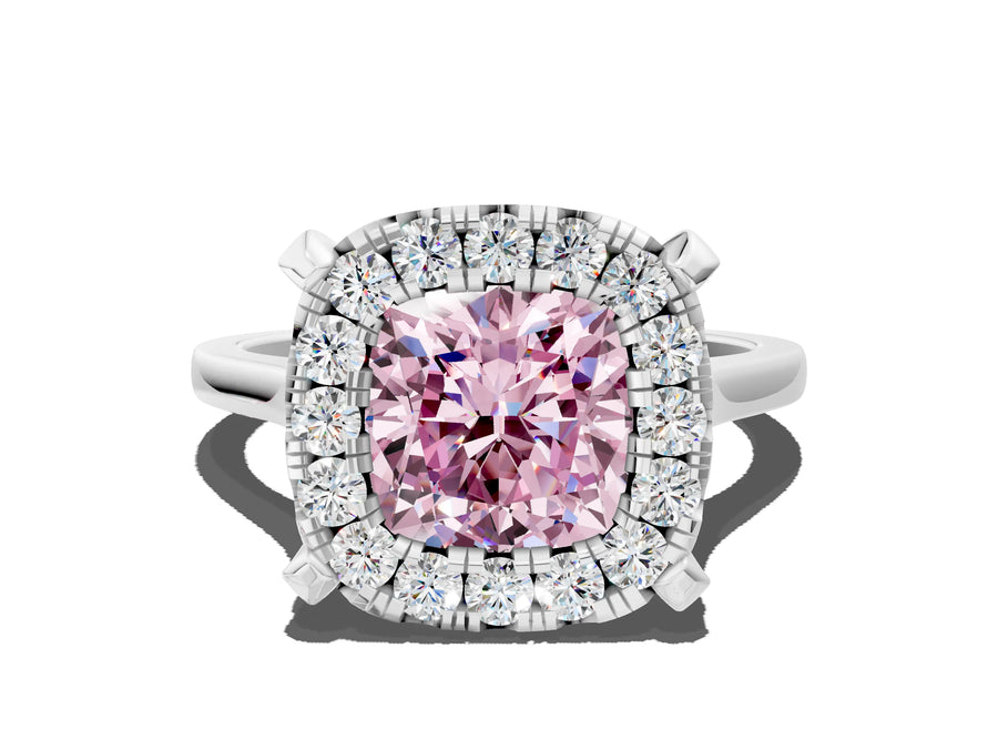 White gold Fancy Pink Cushion  Diamond Cluster Halo Solitaire with Four-Prong Setting