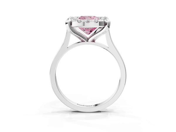 White gold Fancy Pink Cushion  Diamond Cluster Halo Solitaire with Four-Prong Setting
