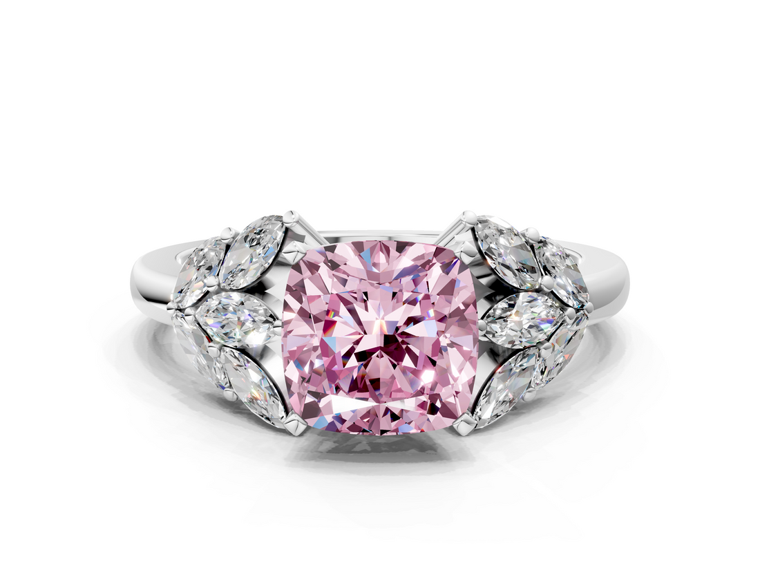 White gold Fancy Pink Cushion  Diamond Cluster Leaf Design Ring with Prong Setting_65