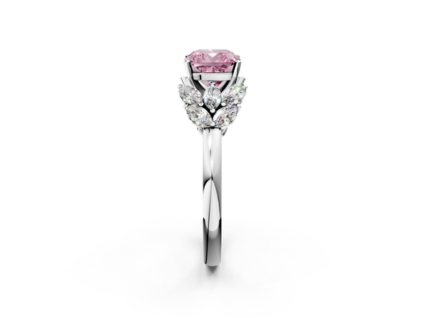 Platinum Fancy Pink Cushion  Diamond Cluster Leaf Design Ring with Prong Setting