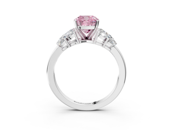 Platinum Fancy Pink Cushion  Diamond Cluster Leaf Design Ring with Prong Setting