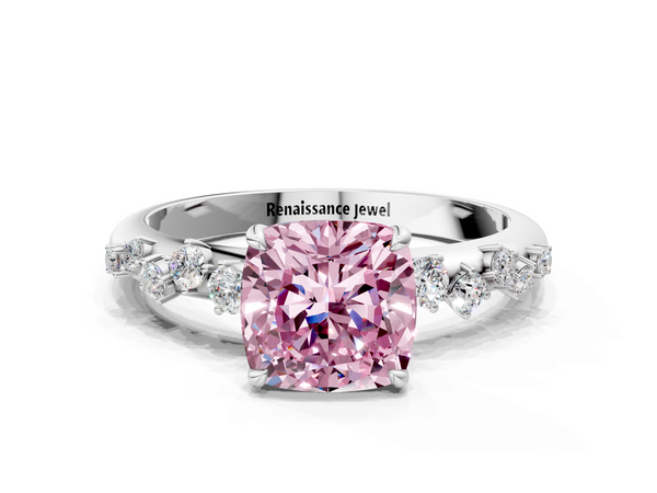 Platinum Fancy Pink Cushion  Diamond Cluster Prong-Set Solitaire Ring