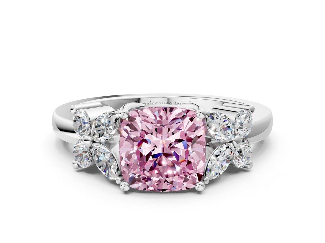 White gold Fancy Pink Cushion  Diamond Floral Cluster Ring with Solitaire Band and Prong Setting_43