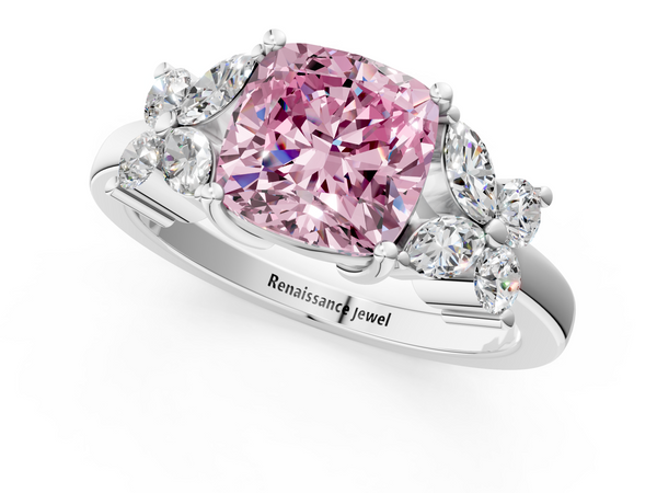 Platinum Fancy Pink Cushion  Diamond Floral Cluster Ring with Solitaire Band and Prong Setting