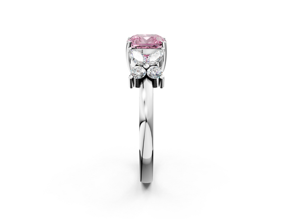 Platinum Fancy Pink Cushion  Diamond Floral Cluster Ring with Solitaire Band and Prong Setting