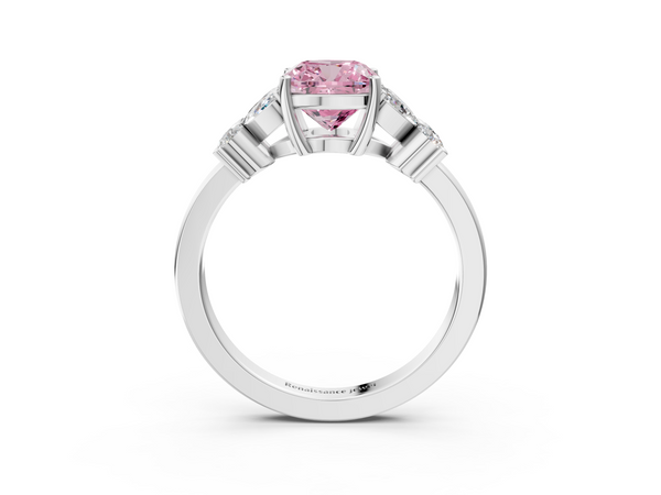 Platinum Fancy Pink Cushion  Diamond Floral Cluster Ring with Solitaire Band and Prong Setting