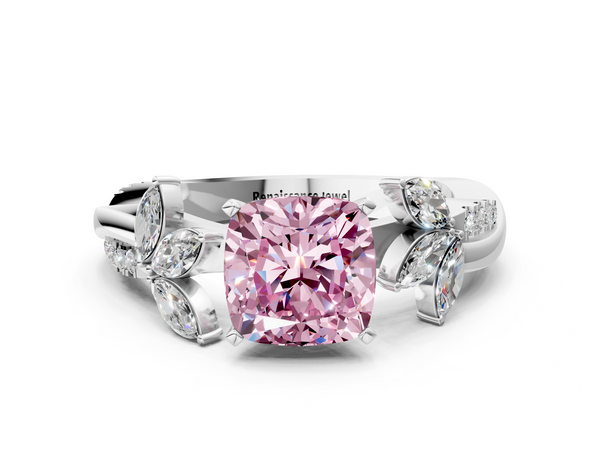Platinum Fancy Pink Cushion  Diamond Floral Vine Solitaire Engagement Ring