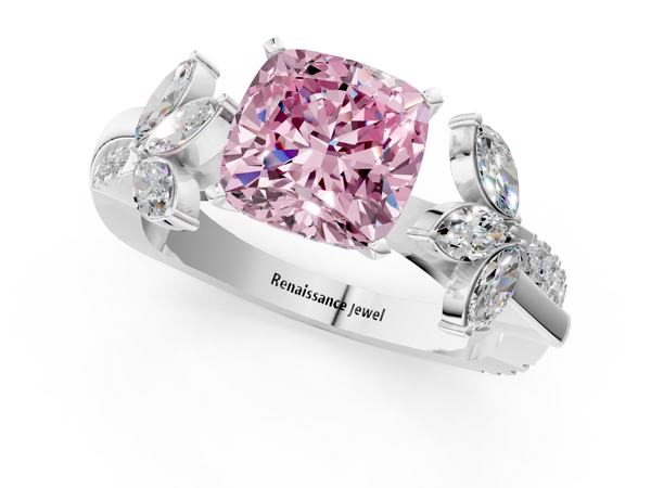 Platinum Fancy Pink Cushion  Diamond Floral Vine Solitaire Engagement Ring