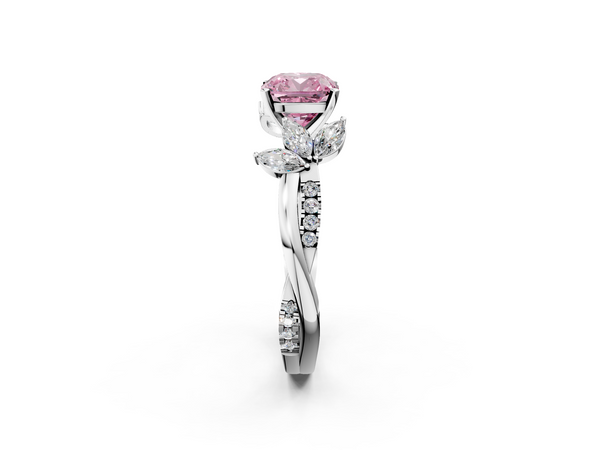 Platinum Fancy Pink Cushion  Diamond Floral Vine Solitaire Engagement Ring