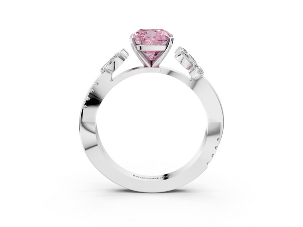 Platinum Fancy Pink Cushion  Diamond Floral Vine Solitaire Engagement Ring