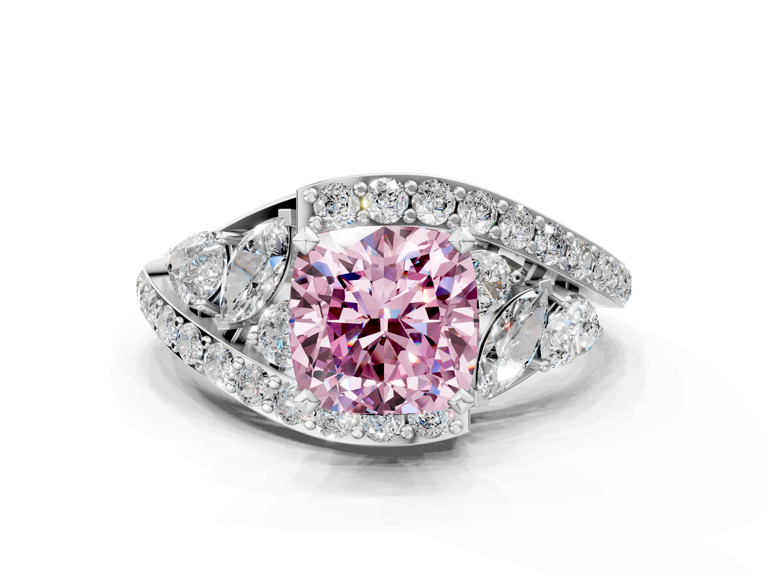 White gold Fancy Pink Cushion  Diamond Halo Ring with Marquise and Pavé Band in Prong Setting_76