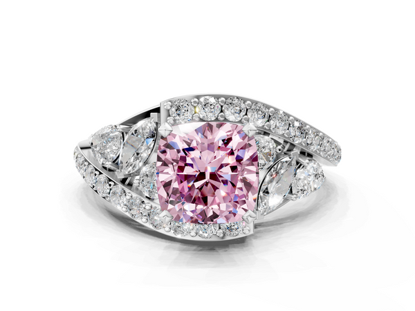 White gold Fancy Pink Cushion  Diamond Halo Ring with Marquise and Pavé Band in Prong Setting